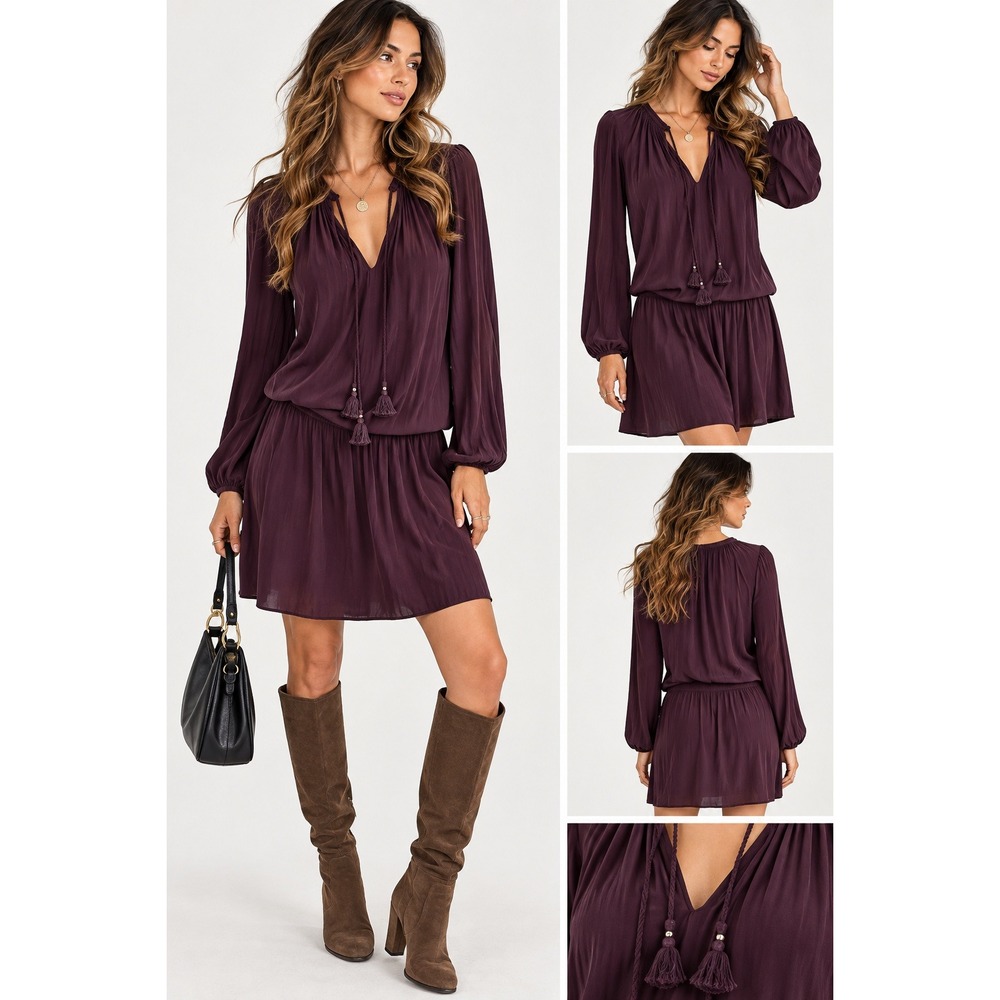 Ramy Brook Women Tassel Tie Silk Dress Medium Purple Boho Mini